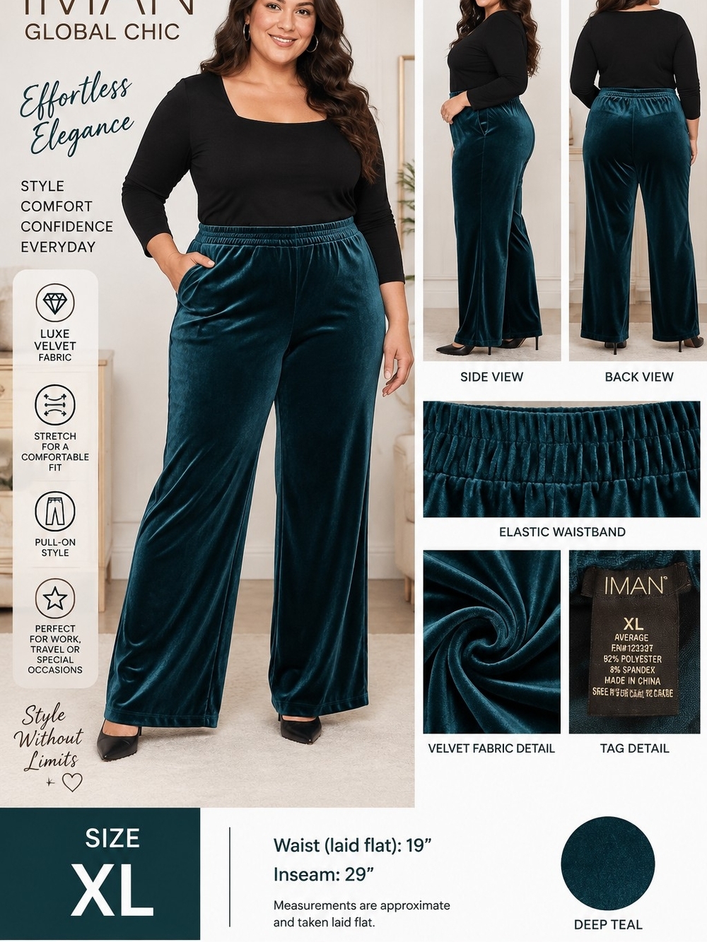 IMAN Global Chic Teal Velvet Pull-On Pants Size XL Stretch Wide Leg